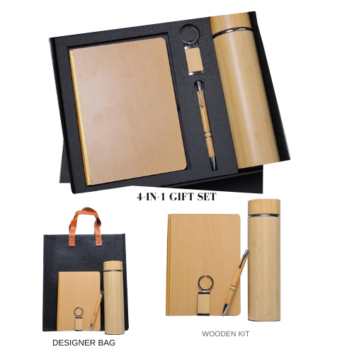 Eco Wooden 4‑in‑1 Notebook, Bottle, Pen & Keychain Gift Set with Custom Logo